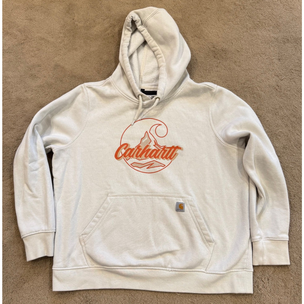 Carhartt Relaxed Fit Long Sleeve Cream Sweatshirt Womens Work Warm Hoodie XL